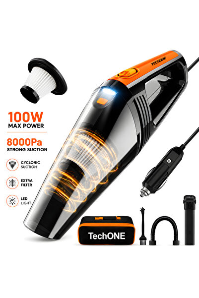 Techone Aspirator Auto Portabil Vaccu Pro, 100W, Lumina LED, Filtru HEPA, Negru