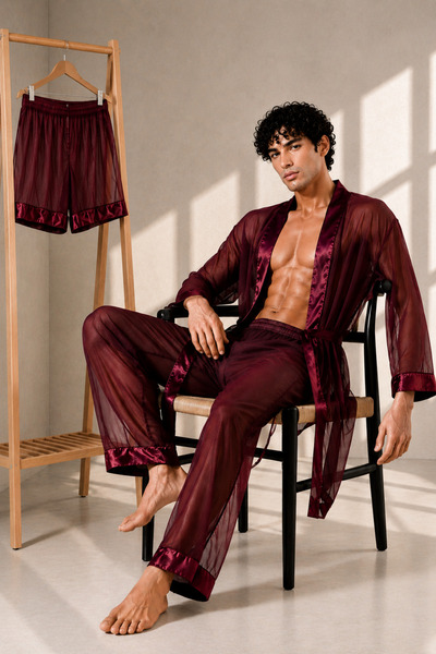 QMEN STYLE Men's Chiffon Kimono - Pajamas - Shorts Set