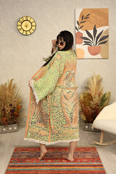 Befera Design Müslin Kimono %100 Pamuklu Kaplan Desenli Jakarlı Bornoz Kaftan...