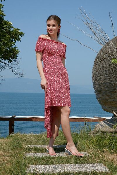 Lela Floral Κοντό Μπροστινό Μακρύ Πίσω Φόρεμα Carmen γιακά Γυναικείο Φόρεμα 5...