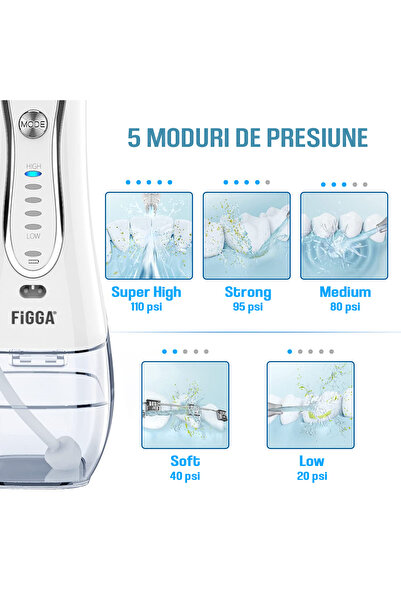 figga Dus bucal, Irigator Oral portabil profesional, 8 Capete, 5 Viteze, 300 ml, Gentuta depozitare, Alb