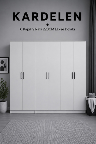 midoser Kardelen Serisi Mat Beyaz 6 Kapaklı 9 Raflı Elbise Dolabı 220 Cm - Ga...