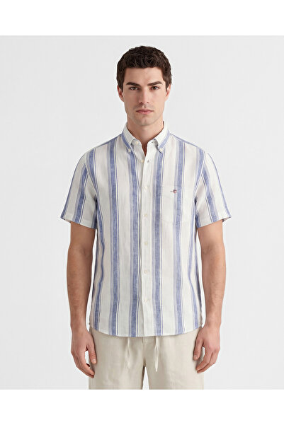 Gant Erkek Mavi Regular Fit Çizgili Logolu Gömlek