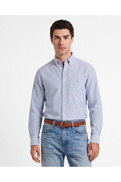 Gant Erkek Mavi Regular Fit Çizgili Logolu Gömlek