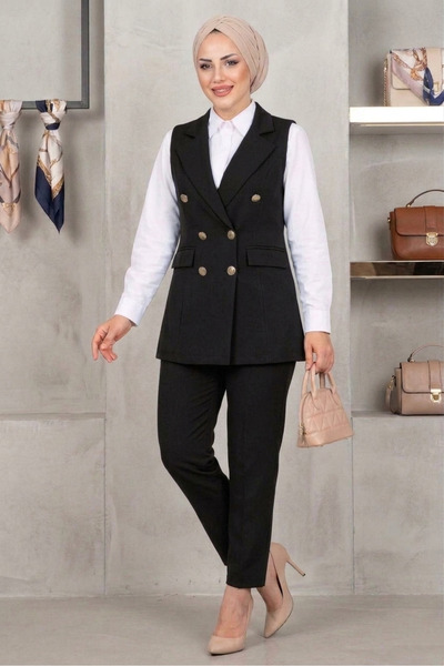 Safgiyim44 Mendil Collar Detailed Hijab Vest Set - Black