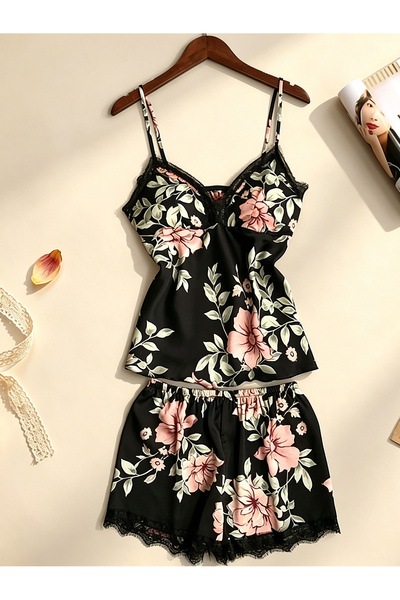 JInsh Black Floral Print Satin Pajama Set, 2-Piece Camisole & Shorts Sleepwea...