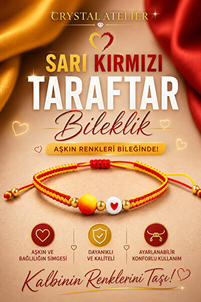 Crystal Atelier Sarı Kırmızı Kalpli Taraftar Bileklik - Makrome El Örgüsü Aya...