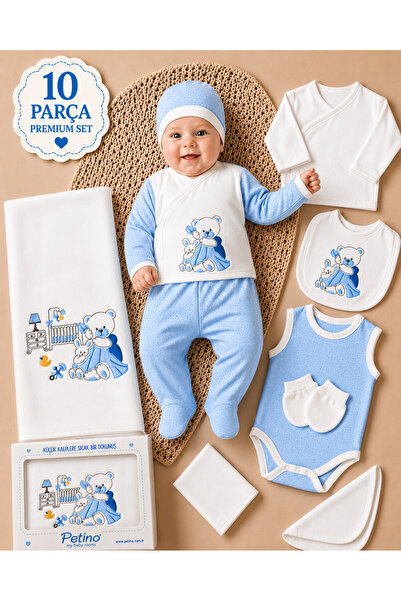 Petino Yenidoğan Hastane Çıkışı Set 10 Parça %100 Pamuk Erkek Bebek Ayıcıklı