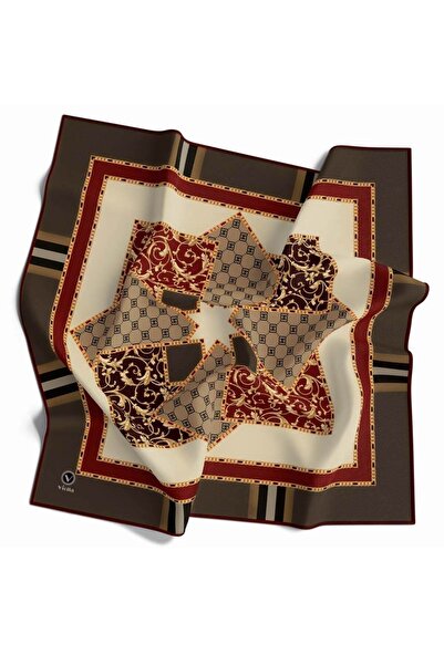 VİOLLA Kristal Ekoseli Gold Desenli Vizon - Bordo Renkli 90x90 Eşarp (İpek İç...