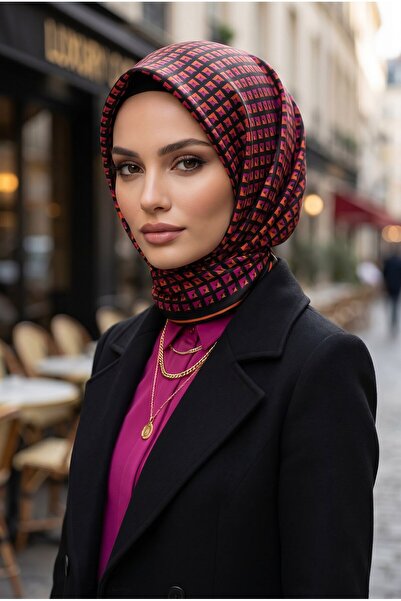 Vissona %100 Twill İpek Geometrik Desenli Fuşya - Turuncu Renkli 90x90 Eşarp ...