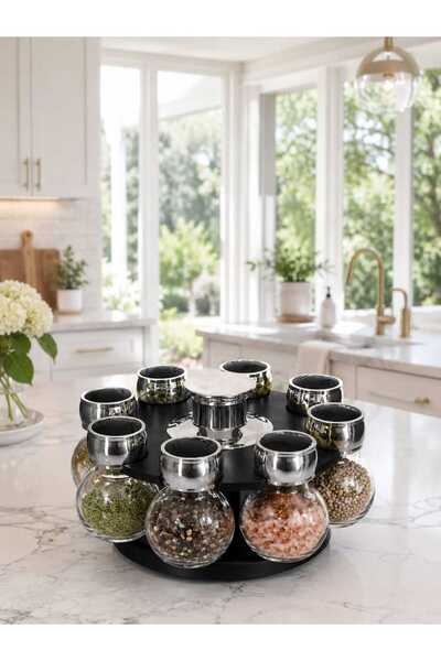 OEM Set of 8 Glass Spice Jars with 360° Rotating Stand - Black Kitchen Spice ...