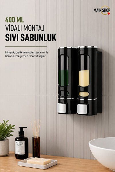 MAİN SHOP 2 броя черен диспенсър за сапун 400 мл за стенен монтаж, прозрачен,...