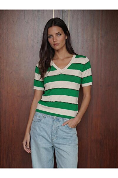 WeShaya Green White Striped Acrylic Knitted Short Sleeve V-Neck Regular Cut S...