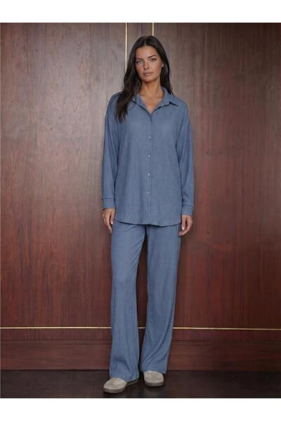 WeShaya Indigo Knitted Oversize Long Sleeve Buttoned Double Set