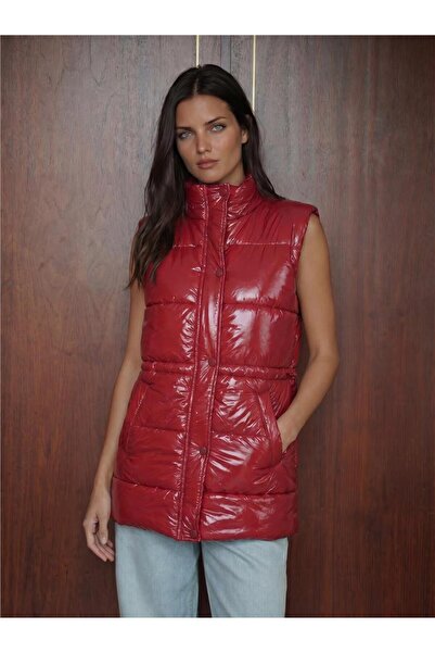 WeShaya Red Shiny Inflatable Polyester Long Length Vest with Zipper and Butto...