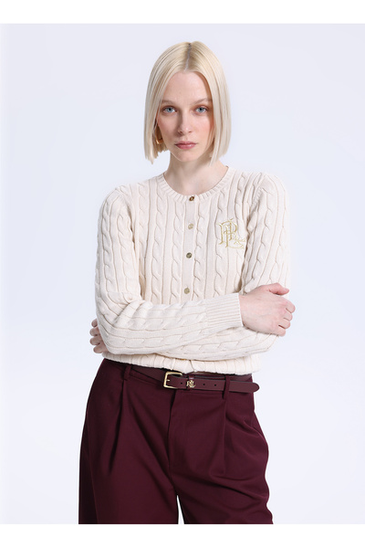 Lauren Ralph Lauren Ekru Kadın Yuvarlak Yaka Regular Fit Hırka 200932225