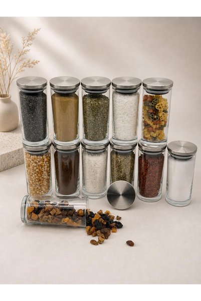 LİNGO HOME H'Ola 12' Li Vacuum Sealed Metal Lid Thick Glass Labeled Spice Jar Set -14*6 Cm-300 Ml-Labeled