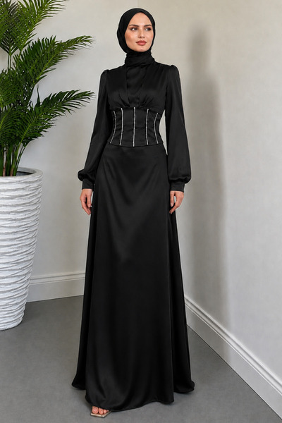 Aysan Moda Beli Taşlı Saten Abiye
