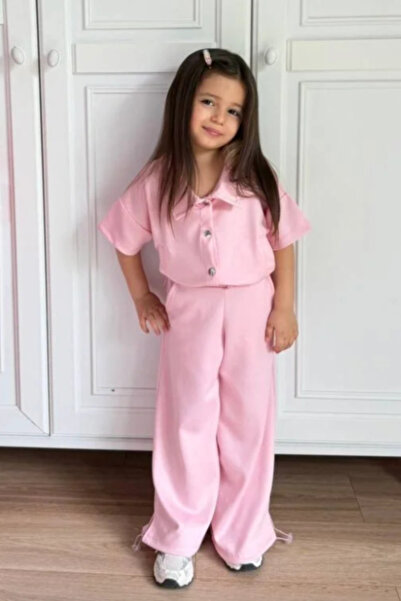 Kidmark Çocuk Modası Girl's Collar Detailed Pink Top and Bottom Set