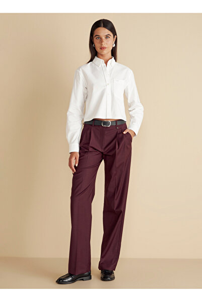 BROOKS BROTHERS Bordo Kadın Regular Fit Pantolon Metal Logolu Çift Pileli Yün...