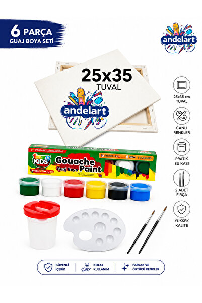 andelart Tual Seti 25x35 Tual 6 Renk Guaj Boya 2 Adet Fırça