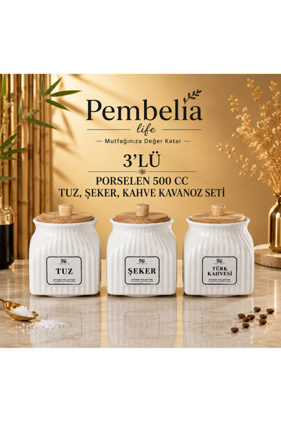 Pembelia Life 3’lü Porselen 500 ml Saklama Kabı Baharat Tuz Şeker Türk Kahve ...