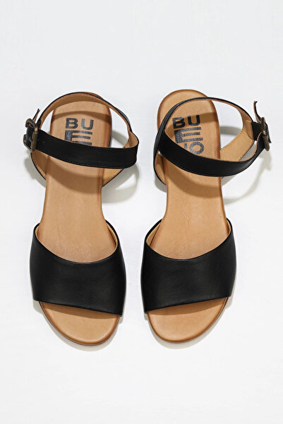 Bueno Shoes Μαύρα δερμάτινα γυναικεία φλατ σανδάλια 01wu3101