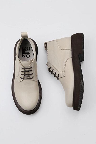 Bueno Shoes Μπεζ δερμάτινες γυναικείες φλατ μπότες 01wt0503