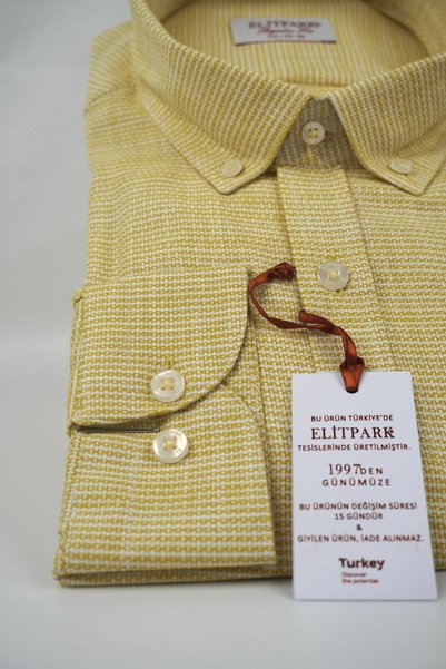 elitpark 100% Cotton Yellow Long Sleeve Cotton Pocketless Regular Fit Premium Men's Shirt