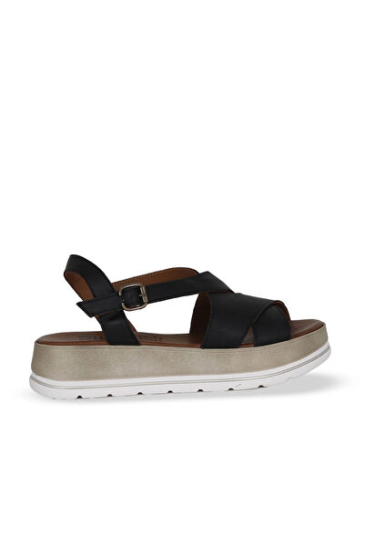 Bueno Shoes Μαύρα δερμάτινα γυναικεία φλατ σανδάλια 01we3402
