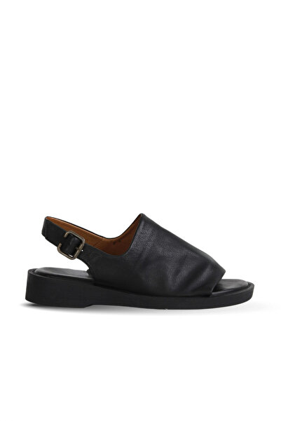 Bueno Shoes Μαύρα δερμάτινα γυναικεία φλατ σανδάλια 01wy2917
