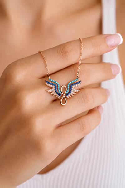 Siset Gümüş 925 Ayar Rose Kaplama Sonsuzluk Melek Kanadı Gümüş Kolye