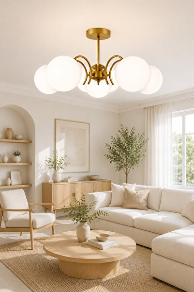 ESSLİGHT Hazal 5’li Eskitme Beyaz Camlı Modern Salon Mutfak Yatak Odası Avizesi