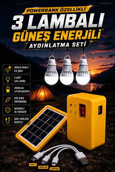 nelerbulurum PANELLİ SOLAR LAMBA 3 AMPULLÜ POWERBANK ÖZELLİKLİ ŞARJ SEVİYE GÖ...