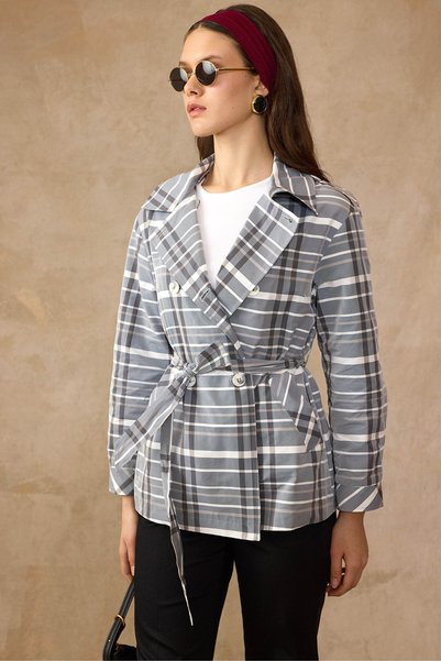 Olcay Plaid Patterned Unlined Short Trench Coat Dark Blue 6848