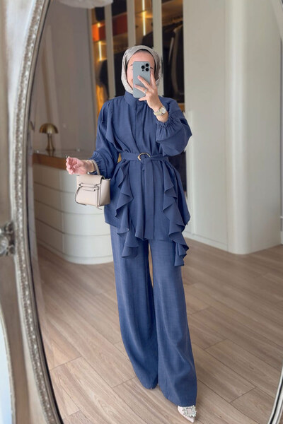 Ka Hijab Set cu curea și detalii cu volane - Bleumarin