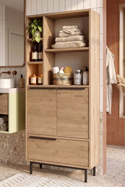 Yurudesign Ocean Banyo Dolabı Çok Amaçlı Dolap 3 Kapaklı Metal Ayaklı Sepet O...