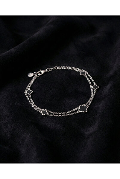 Roza Silver 925 Ayar Rodyum Siyah Mineli İki Sıralı Yonca Charm Gümüş Bileklik