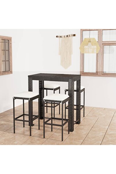 Concept Set mobilier bar de grădină cu perne, 5 piese, negru, poliratan