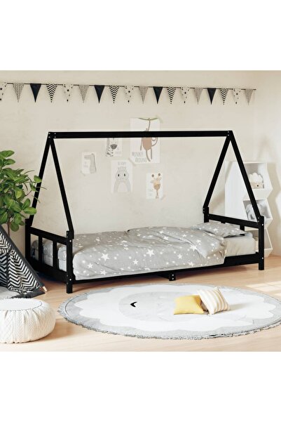 Concept Cadru de pat pentru copii, negru, 90x190 cm, lemn masiv de pin