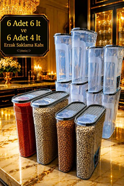SWENCRAFT 12 Adet Erzak Bakliyat Saklama Kabı ( 6 ve 4 Litre ) Kiler Box Lüks...