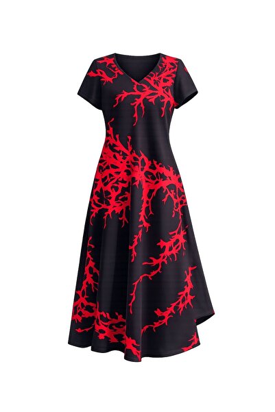 Sobe Hediyelik Black Red Coral Patterned V-Neck Casual Summer Dress – Asymmet...