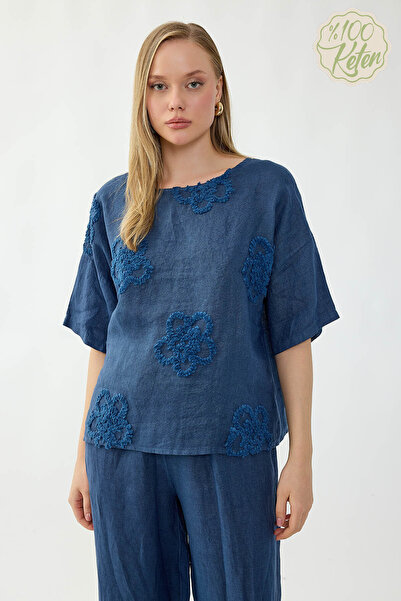 Vitrin 100% Linen Floral Motif Short Sleeve Blouse
