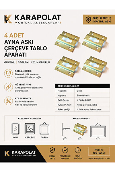 KARAPOLAT Ayna Askı Çerçeve Tablo Aparatı 4 Adet 1.5 Mm Sac Kalınlığı