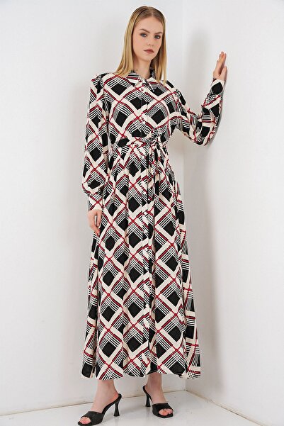 Hiccup Bdart Buttoned Collar and Square Patterned Midi Dress