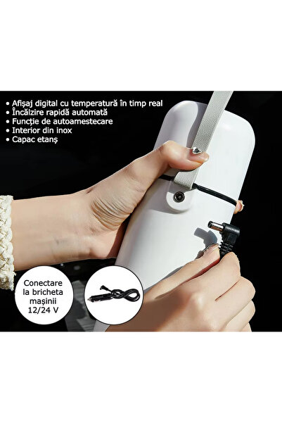 HYDER Cană Electrică Inteligenta +1 capsula cadou, max 100°C, Autoamestecare cu capsula magnetica, interior Inox, Afișaj Digital – 420 ml, 12/24V, Alb