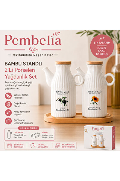 Pembelia Life Set of 2 Wooden Stand Labeled Porcelain 1000ml Oil & Vinegar Ja...