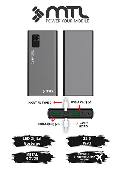 MTL 10000 mAh 22.5W Turbo Şarj Dahili Kablolu LED Göstergeli PD ve QC 3.0 Pow...