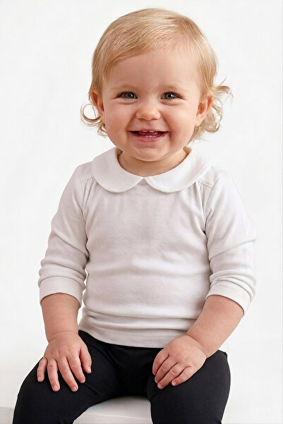 LOVETTI Ecru Baby Collar Snap Fastener Long Sleeve Monthly T-Shirt