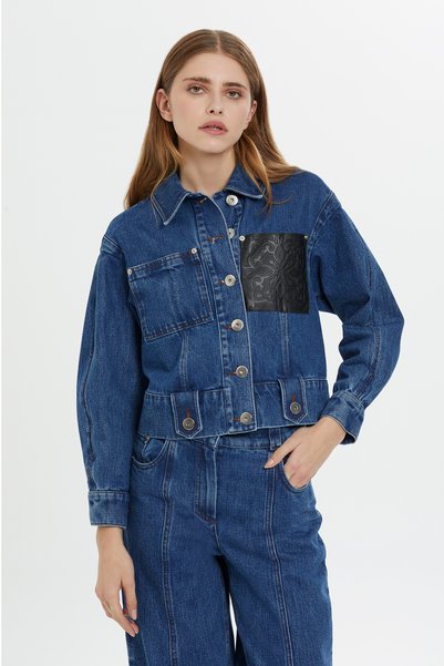 GİZİA Deri Detaylı Kısa Denim Ceket
